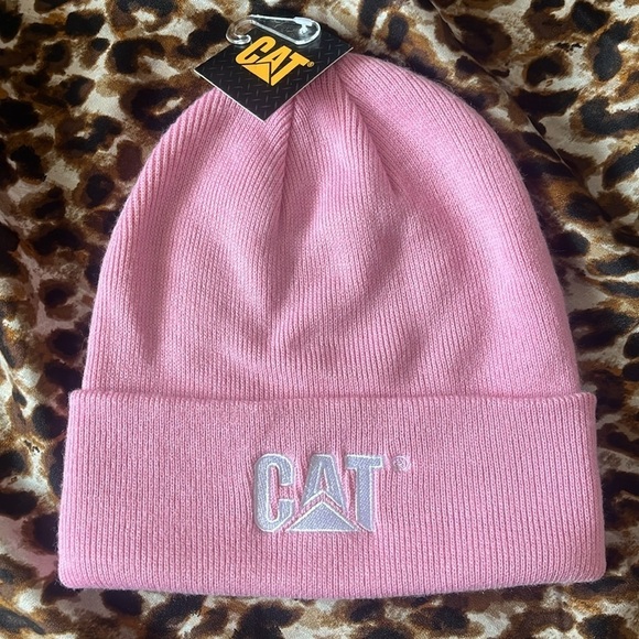 Brand New Caterpillar CAT Pink Knit Cuffed Beanie Hat White Embroidered Logo - Picture 1 of 11